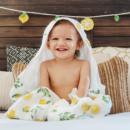 Baby Hooded Towel, Muslin-Backed, Buttery Soft Terry, Lemon Print